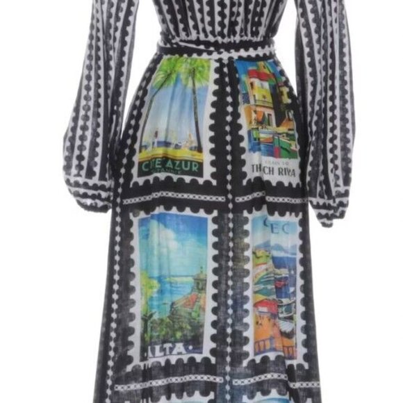 Mary Katrantzou Plunging V-Neck Maxi Dress in Postage Stamp Printed Linen - Picture 6 of 8